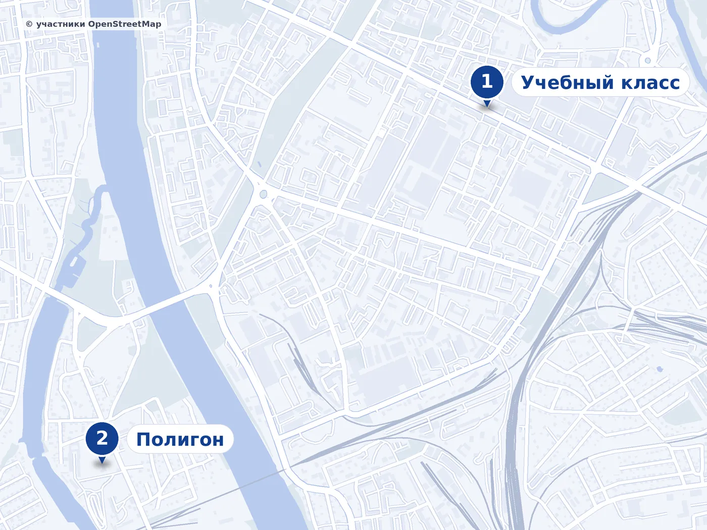 1 — Учебный класс, Иркутский переулок, 2Б, офис 201, 203; 2 — Полигон, улица Яна Райниса, 41