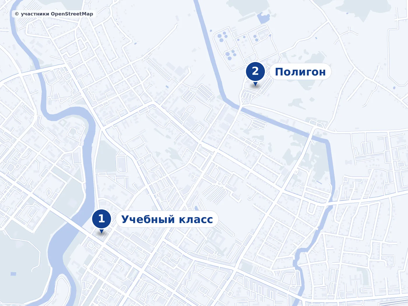 1 — Учебный класс, улица Некрасова, 3/31, офис 8; 2 — Полигон, Мурманская улица, 31